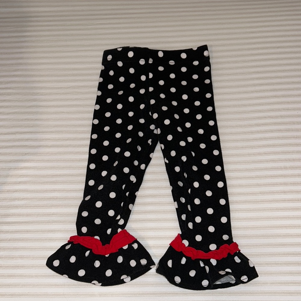 KIDS BOUTIQUE Black & White Polka Dot leggings w/ Red Ruffle trim 18m